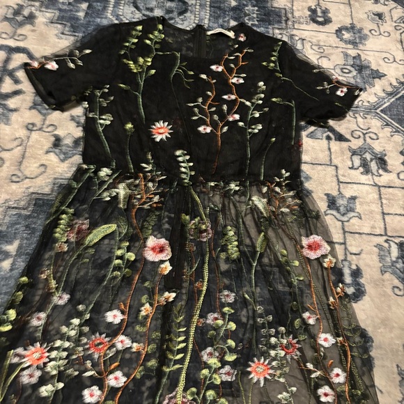 METISU BLACK FLORAL MESH SHORT-SLEEVE SUMMER LIGHTWEIGHT EMBROIDERED MIDI DRESS - Picture 9 of 16